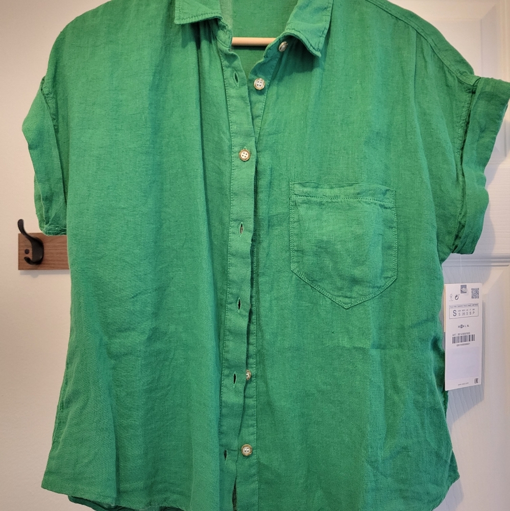Zara Green 100% Linen Button Down Green Blouse Top NWT S